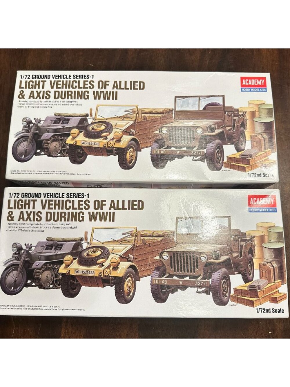 Two 1/72 Scale Academy Hobby Model Kits Light Vehicles Of Allied & Axis During W